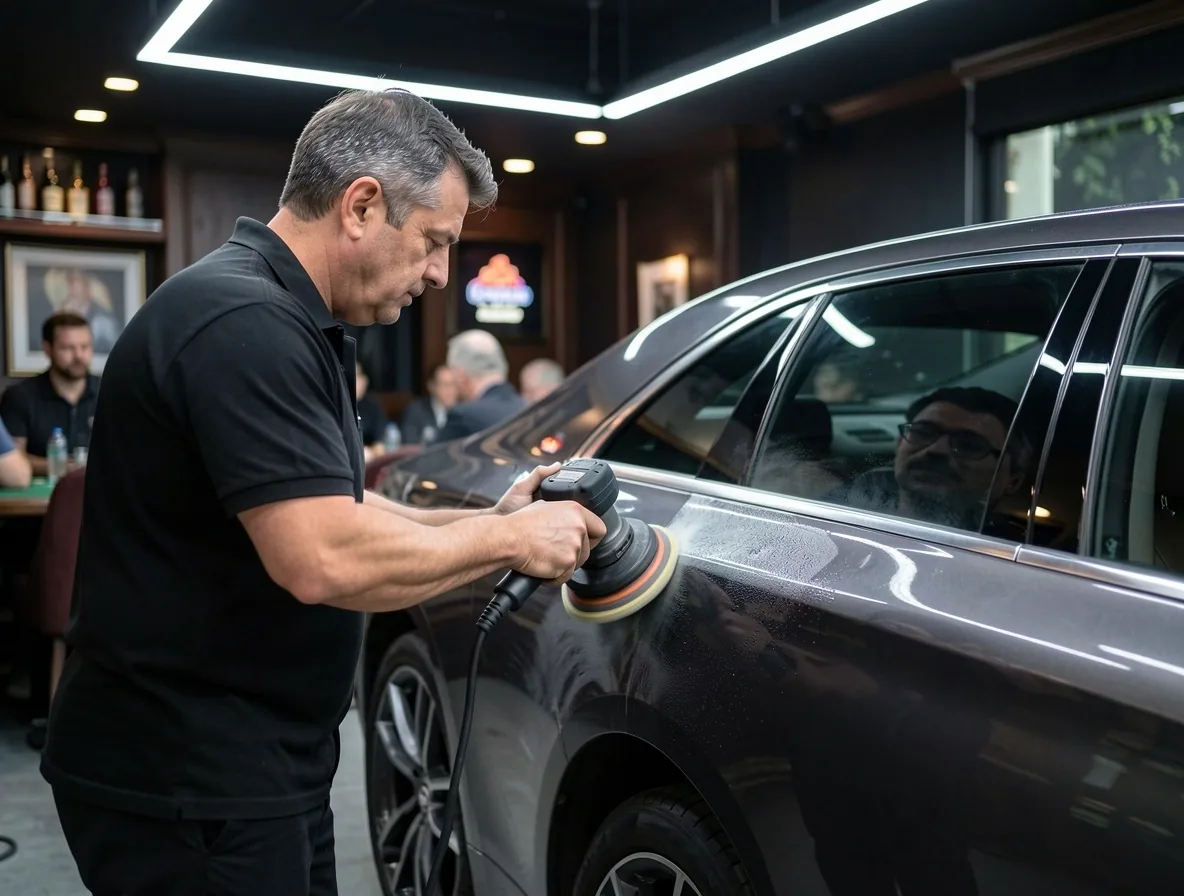 Technicien polissant une carrosserie dans l'atelier Lanistom Avenue Montaigne